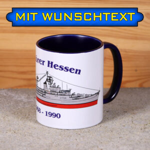 Marine-Tasse Zerstörer Hessen mit Silhouette und Wunschtext