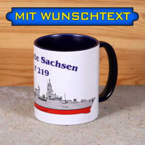 Marine-Tasse Fregatte Sachsen mit Silhouette und Wunschtext