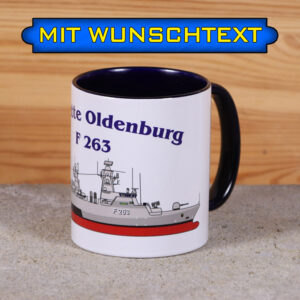 Marine-Tasse Korvette Oldenburg mit Silhouette und Wunschtext